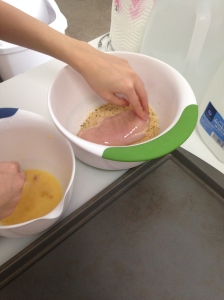 Thoroughly coat chicken with egg, making sure to shake off excess egg before dipping in the flour mixture. 