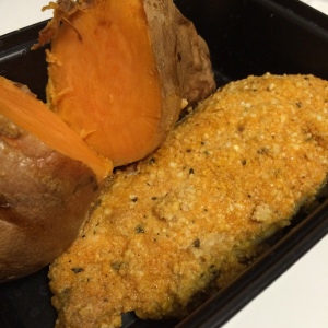My pre-race meal. Basically what I ate all week: almond-crusted chicken breast seasoned with FlavorGod and baked sweet potato.