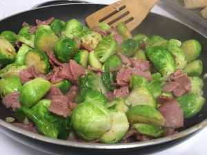 Brussel sprouts with uncured bacon pieces - bacon flavor is nicely infused into the brussel sprouts especially when cooking with bacon fat!
